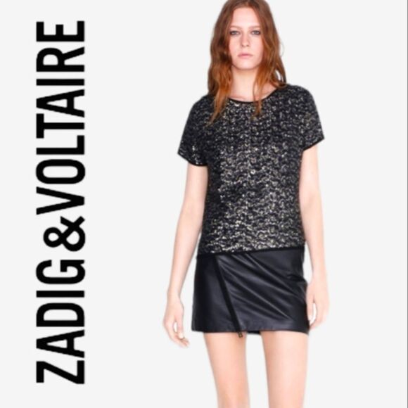 ZADIG & VOLTAIRE SILK BLEND TRUSTY SEQUIN GOLD SILVER EYELASH TRIM BOXY FIT TOP - Picture 1 of 16